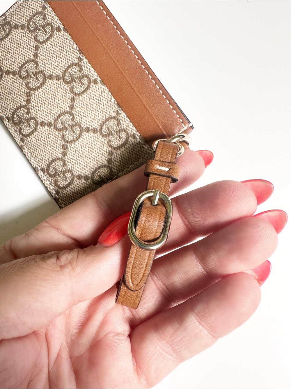 Gucci GG Emblem Card Case with Strap Beige and Dark Brown Fabric NWB - Picture 11 of 14
